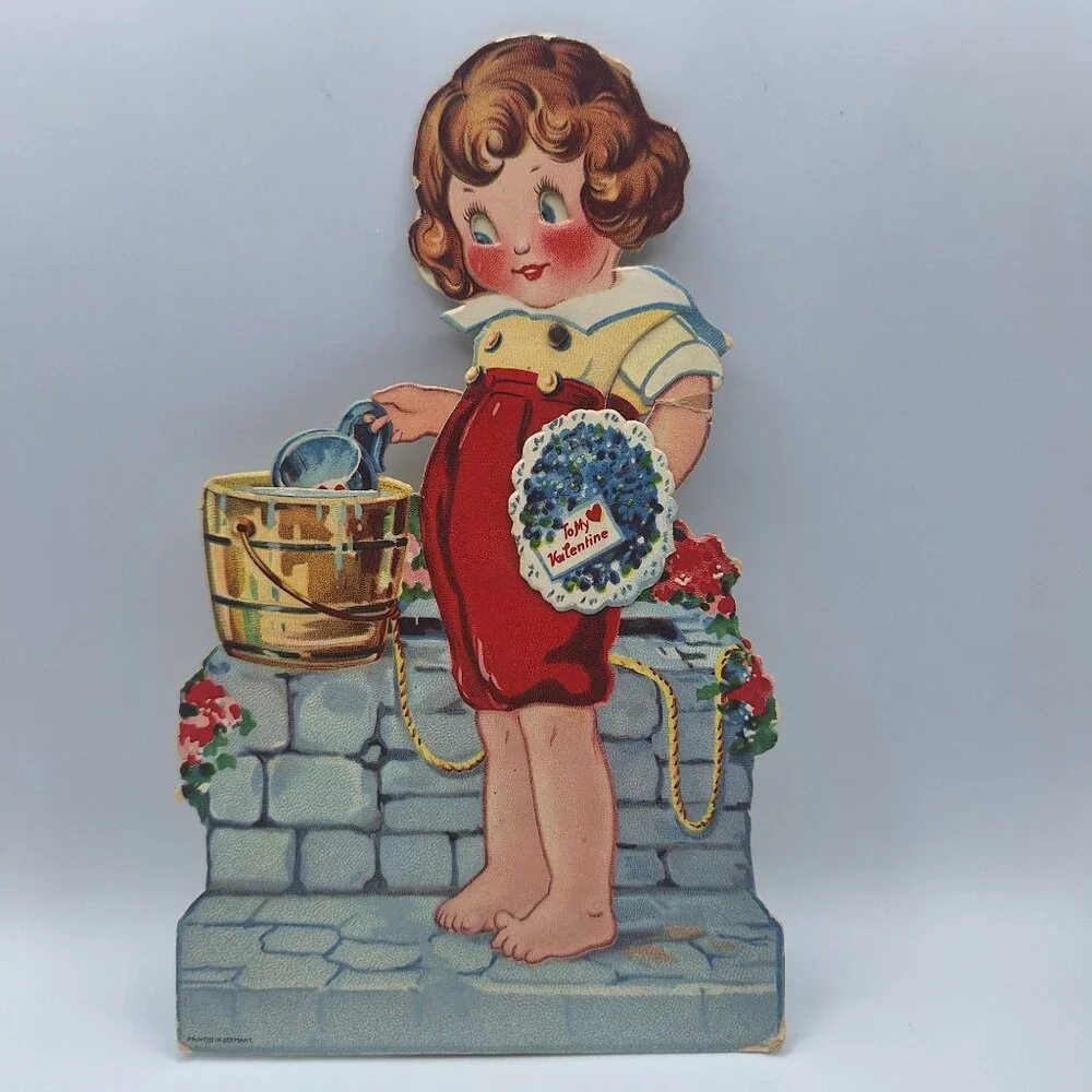 Vintage Standing Die-Cut Valentine Card Girl Watering Flowers Cute Retro Design‎